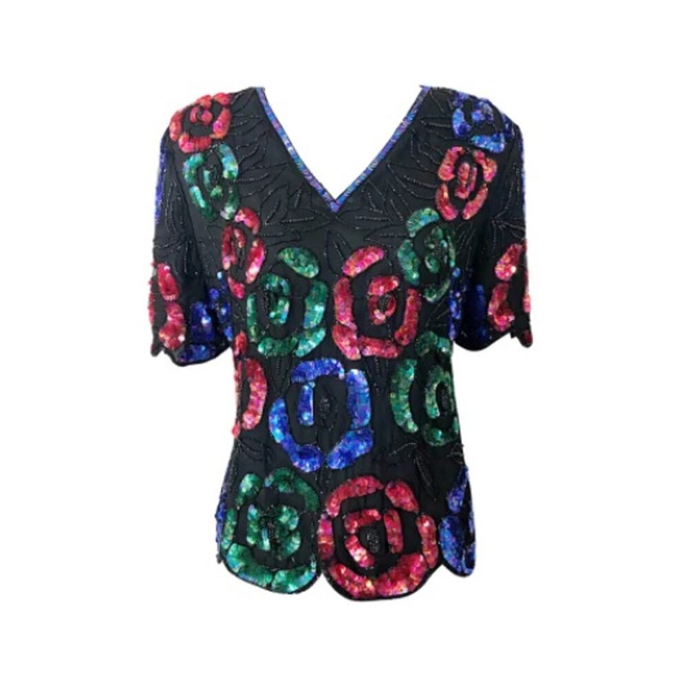 Stenay Vintage Women's Short Sleeve Beaded 1980 dress Formal Blouse Top Size S